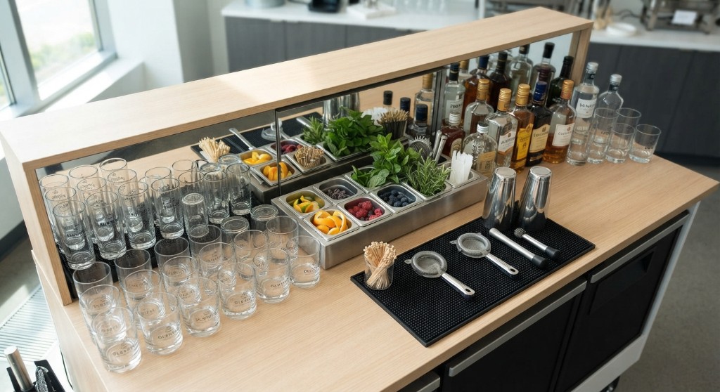Bar station with stacked glasses, garnish bins, and tools