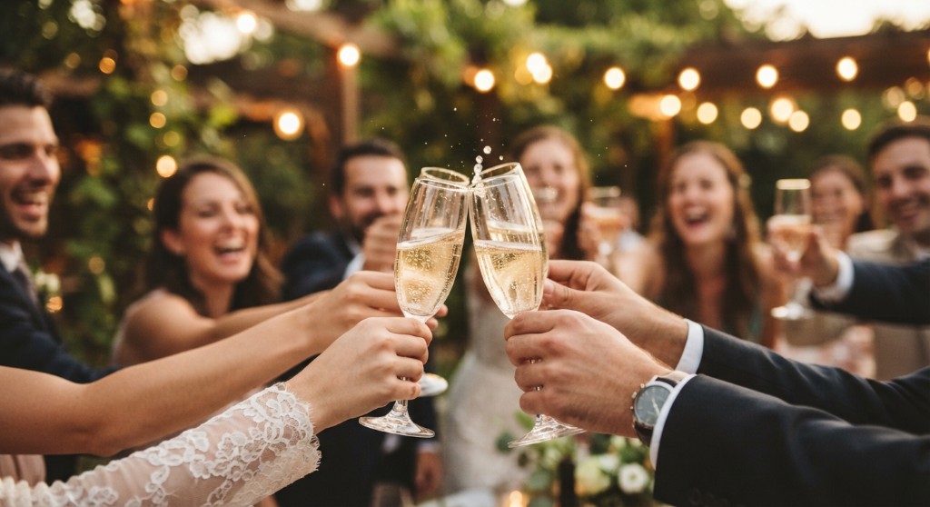 Two champagne flutes clinking at a celebration
