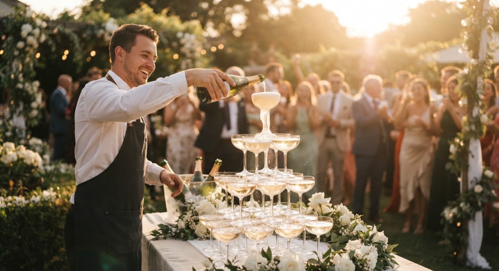 Bartender pouring champagne onto a tower of coupes at an outdoor wedding