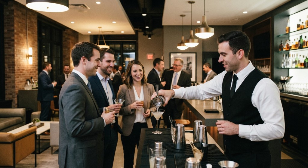 Bartender in a vest pouring a cocktail for guests in business attire