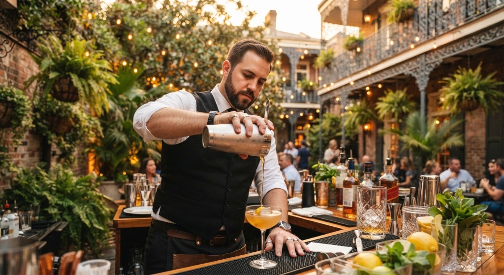 Bartender pouring a cocktail into a coupe in a plant-filled courtyard