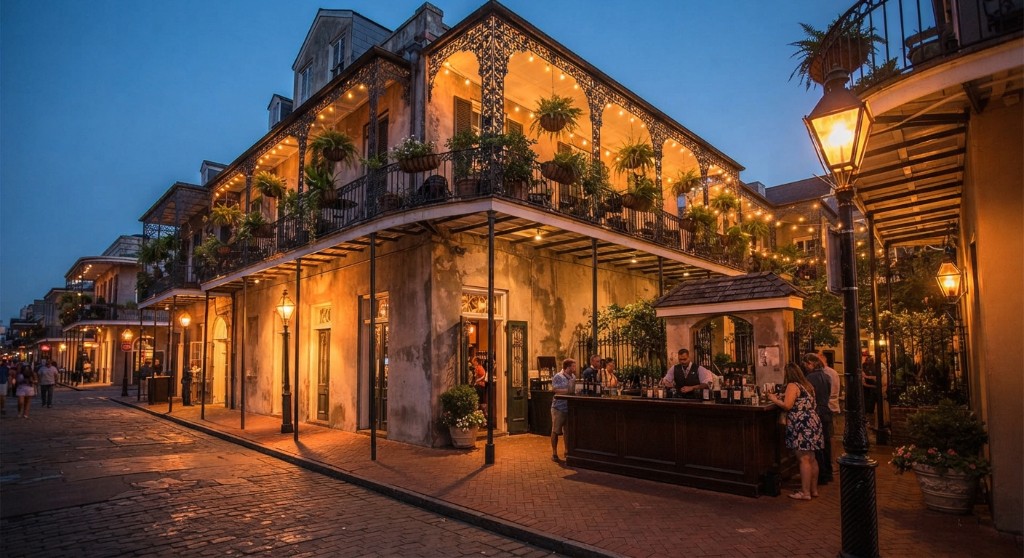 Corner building with iron balconies and a sidewalk bar at night