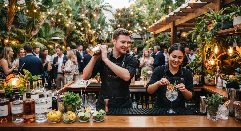 Two bartenders preparing drinks at an outdoor garden party bar