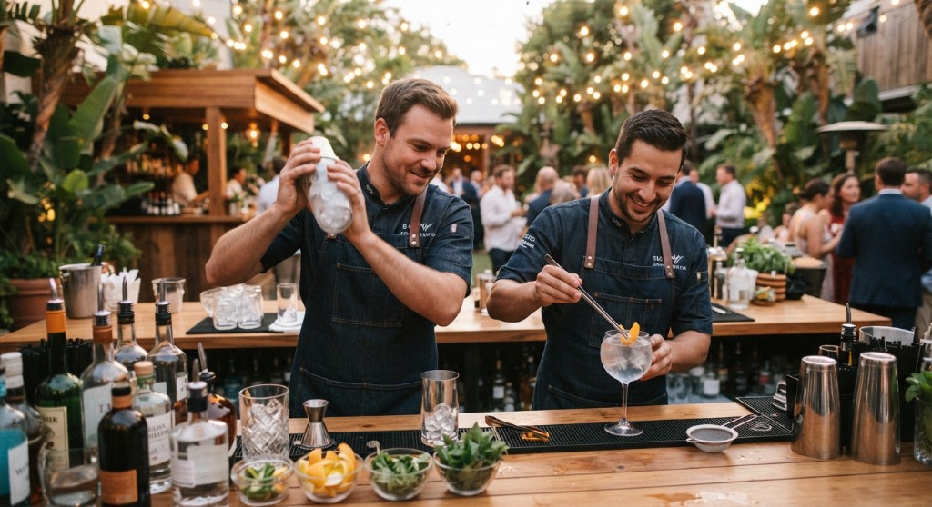 Two bartenders working an outdoor garden bar