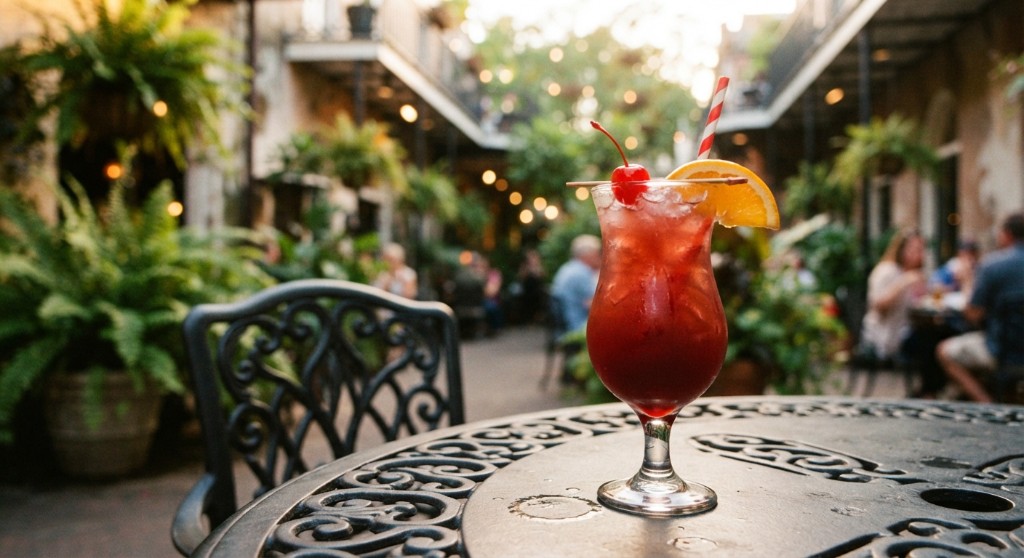 Red hurricane cocktail with cherry and orange on a courtyard table