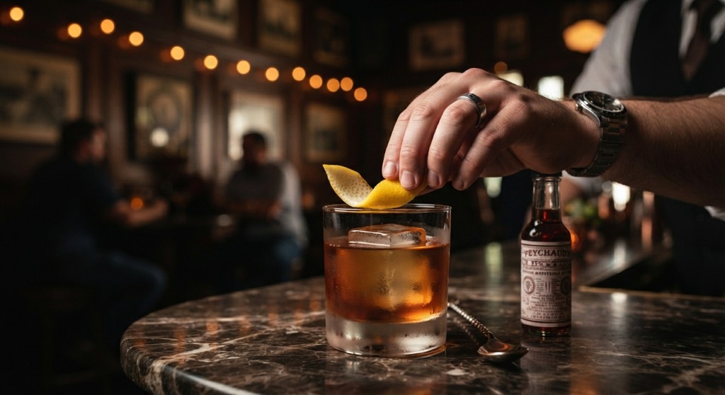 Hand placing a lemon peel on an old fashioned