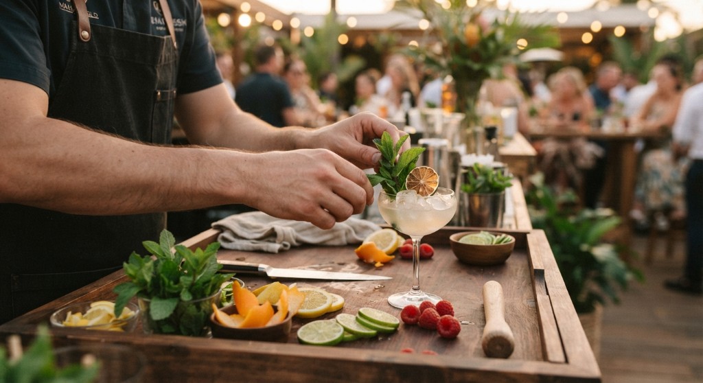 Hands placing mint on a coupe beside citrus and berries