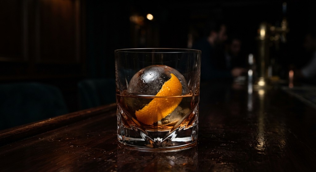 Old fashioned with a round ice sphere and orange peel