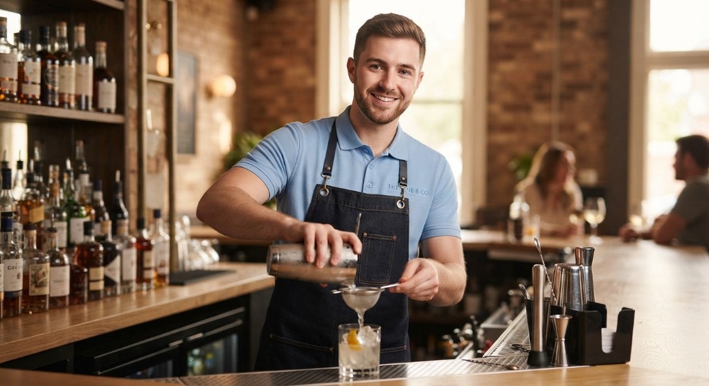 Bartender pouring a drink through a strainer into a rocks glass