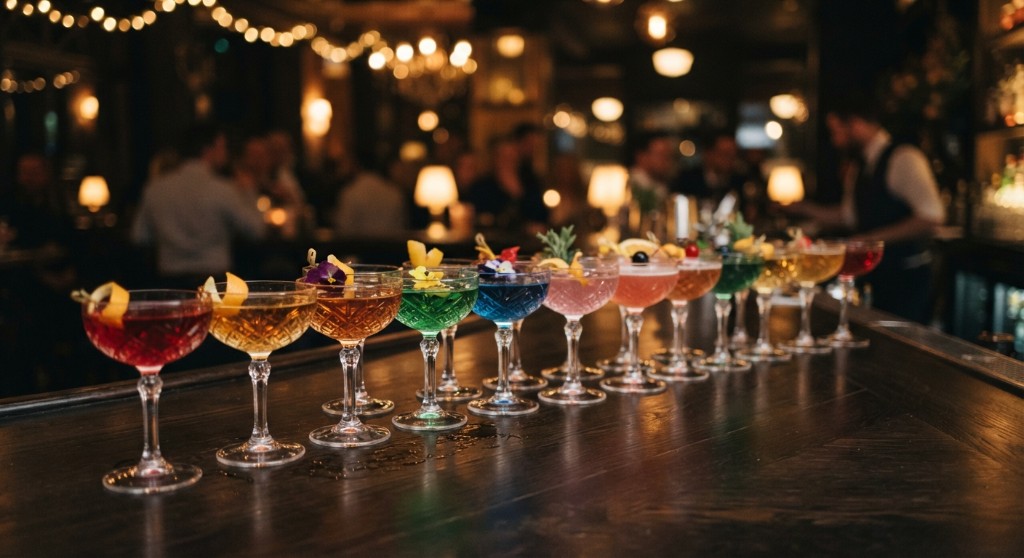 A row of colorful coupe cocktails lined on a dark bar