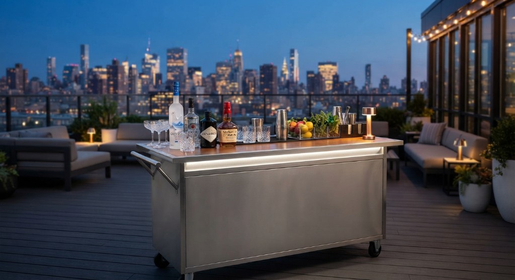 Mobile bar cart set on a rooftop at night