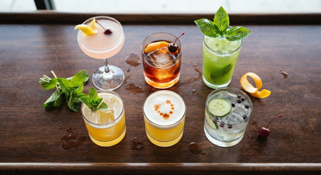 Six finished cocktails arranged on a dark wood tray