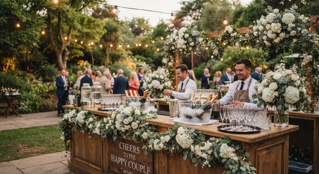 Wooden wedding bar decorated with white flowers and greenery